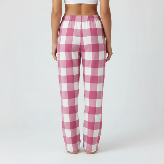 Pink gingham pajama pants for women back view showing relaxed fit and elastic waistband