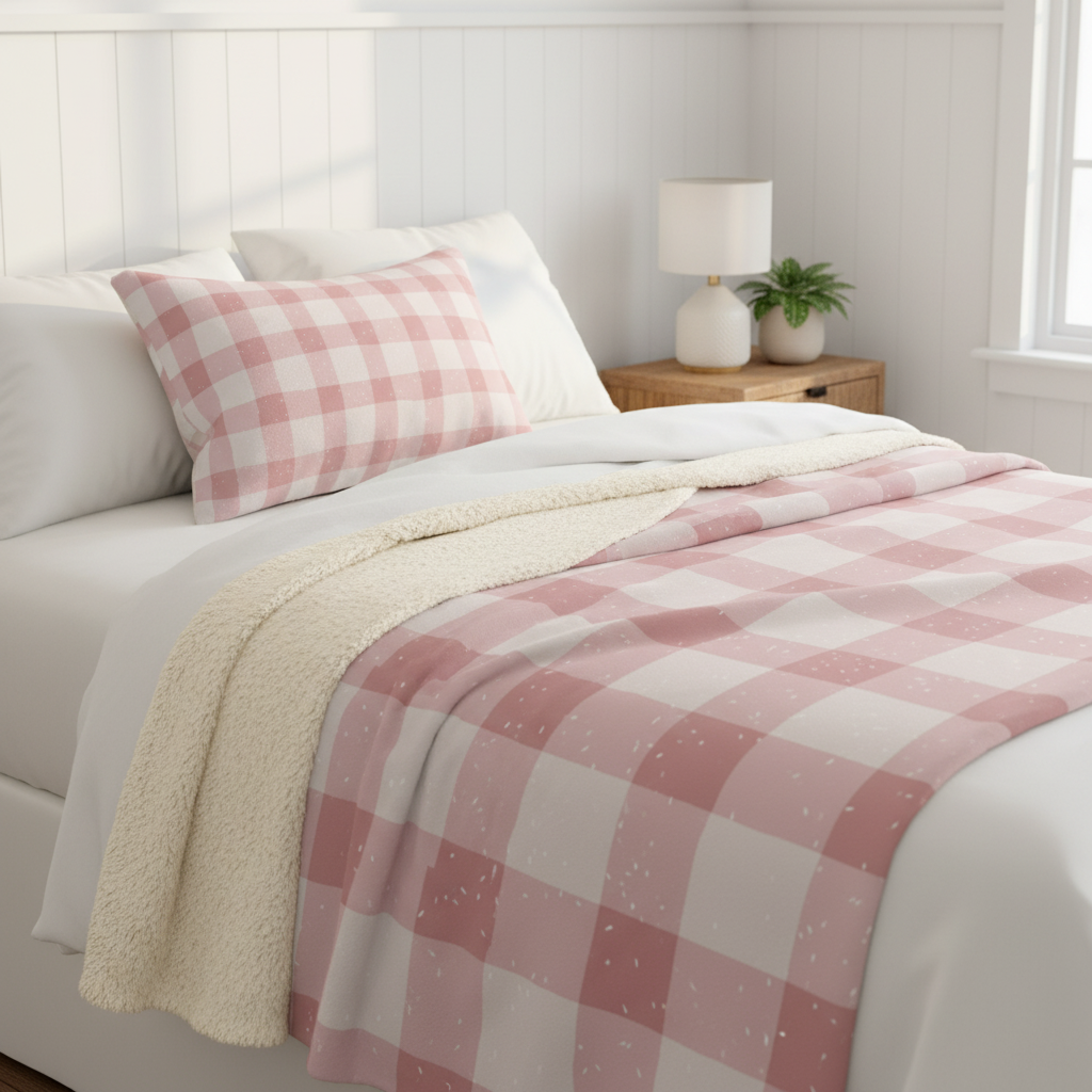 Blush Gingham Pillow & Blanket Bundle - Cozy Home Decor Set