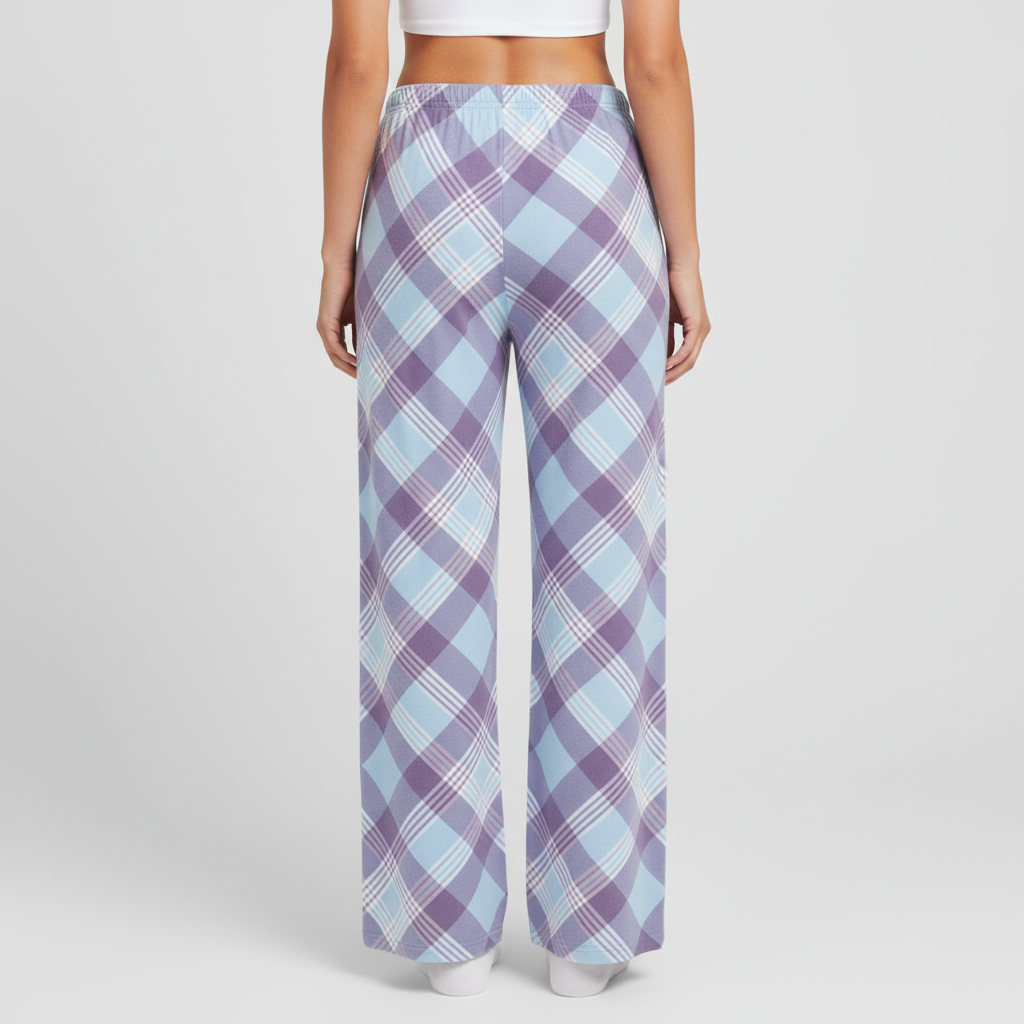 Purple and white checkered pajama pants for women back view showing relaxed fit and elastic waistband