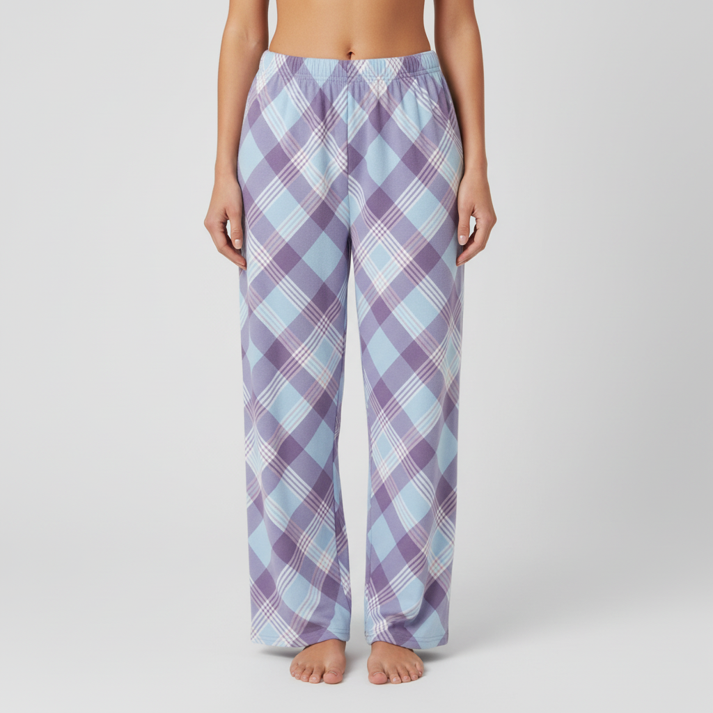  Women's purple and white diagonal plaid pajama pants front view on light grey background showing loose wide leg fit