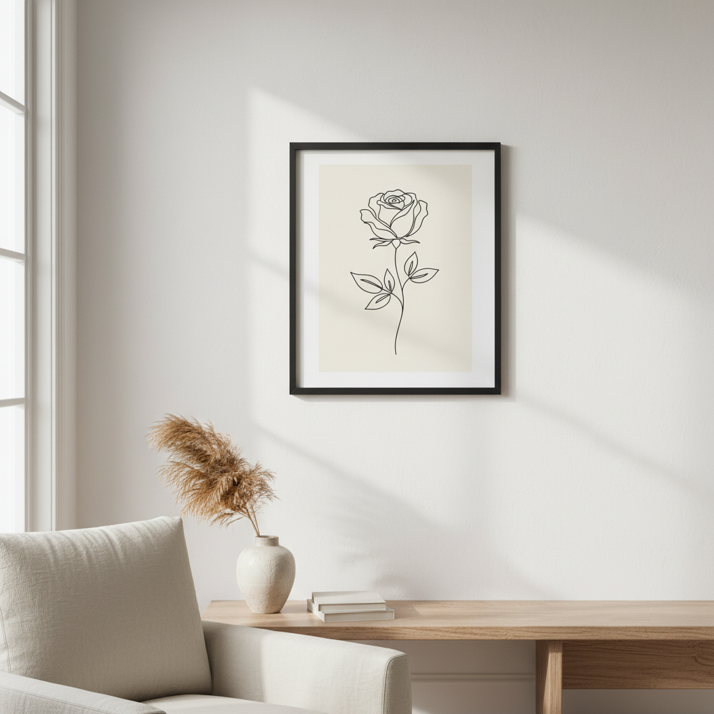 framed botanical minimalist rose line art print