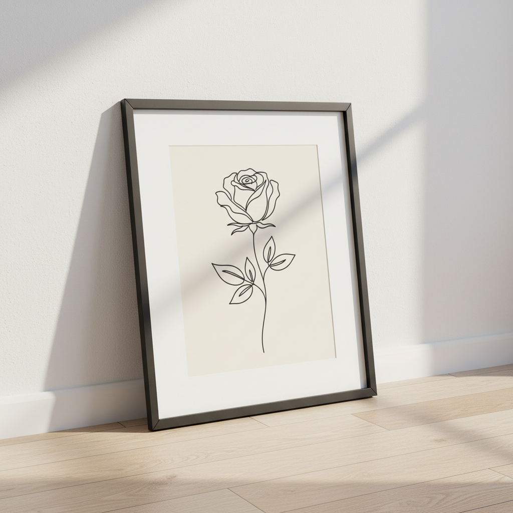 minimalist rose line art print framed on wall