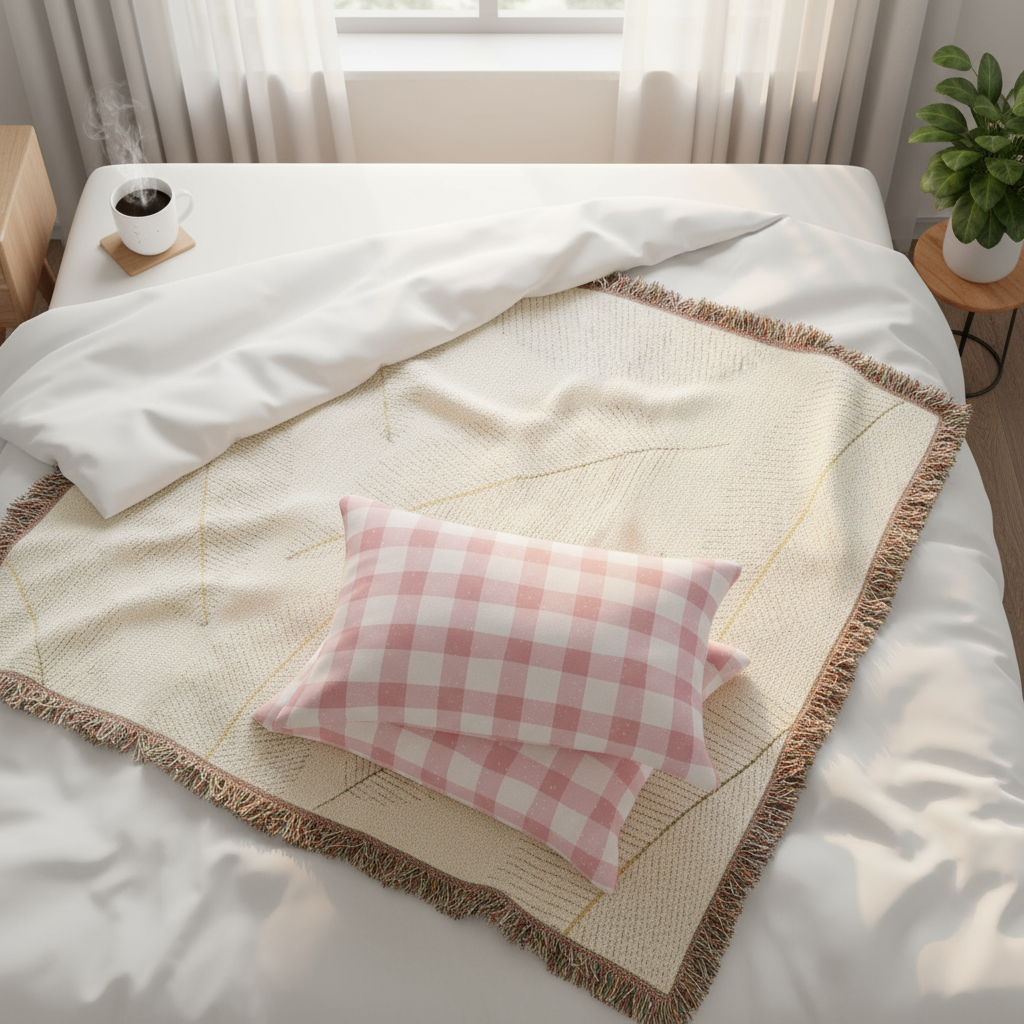 Beige woven blanket with a pink checkered pillow on a bed in a bright room.