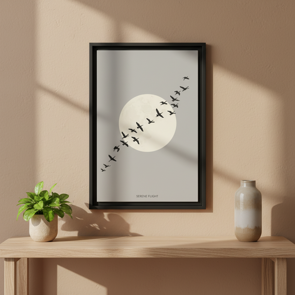Minimalist bird migration and moon wall art poster above wooden console table with plant and vase
