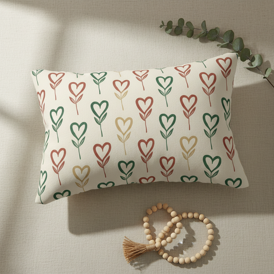 Boho heart stem lumbar pillow in terracotta, forest green, and beige on neutral linen surface with wooden bead decor and eucalyptus branch