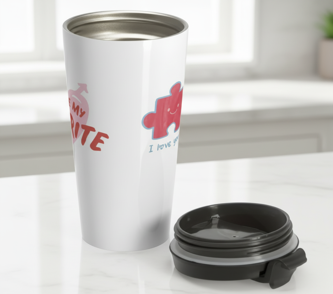 White stainless steel travel mug with black lid showing both side designs - You're My Favorite and I love you to pieces