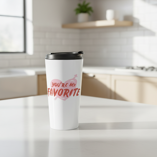 White insulated travel mug with You're My Favorite pink heart design on kitchen counter