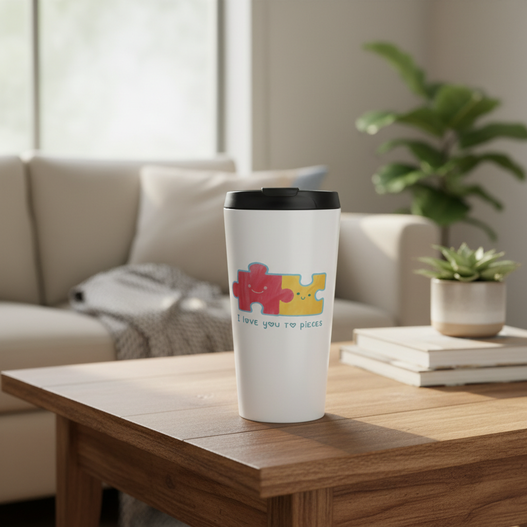 Travel mug with I love you to pieces puzzle design on coffee table in living room