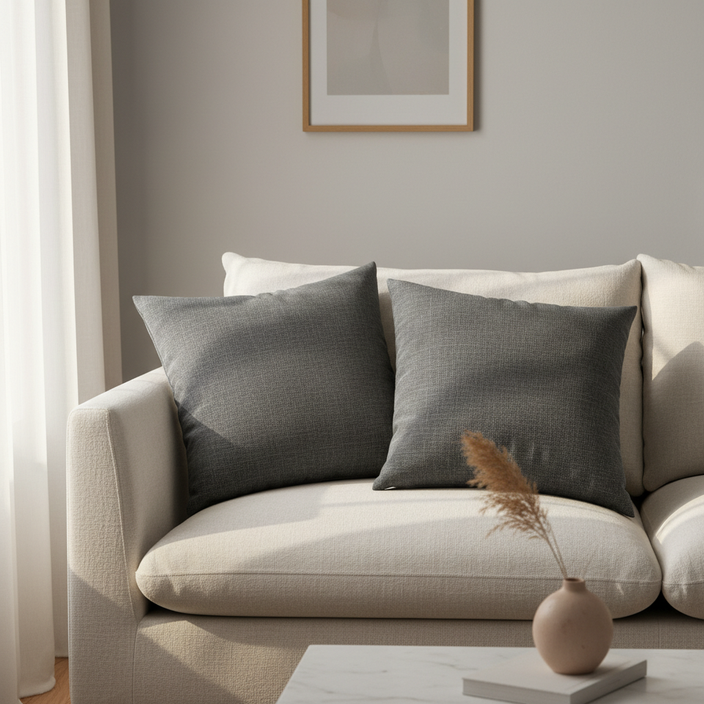Two 18x18 pillows on beige sofa