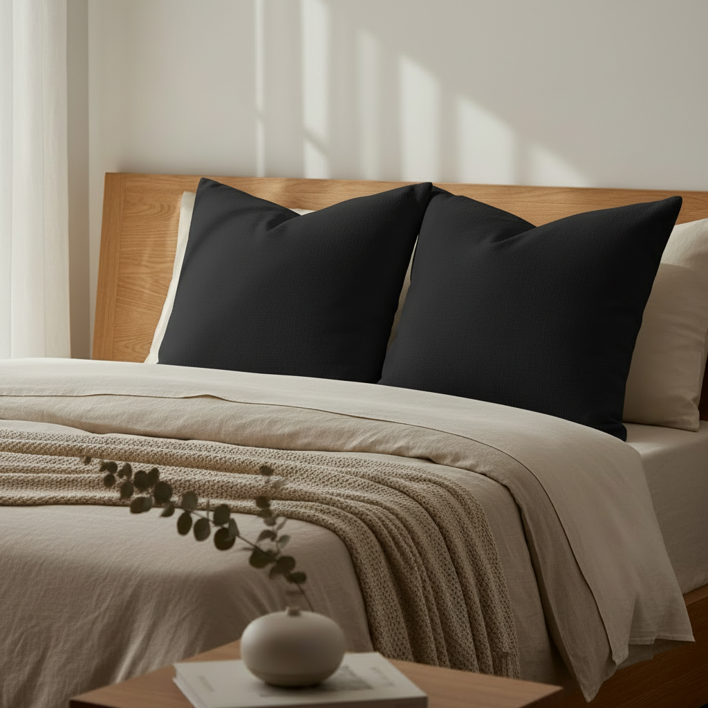 Two black pillows close-up on bed