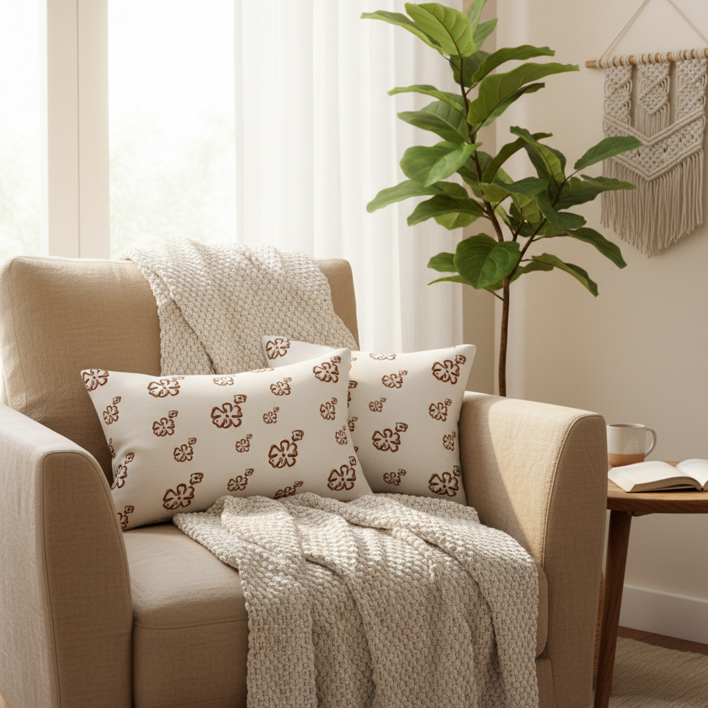 Lumbar Pillow, Boho Floral Decorative Cushion for Home and Couch Decor