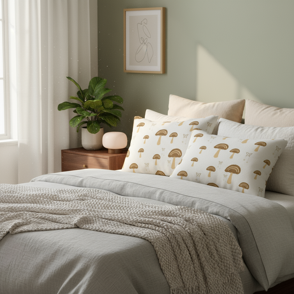 Lumbar Pillow, Mushroom Cozy Home Decor, Boho Style Cushion