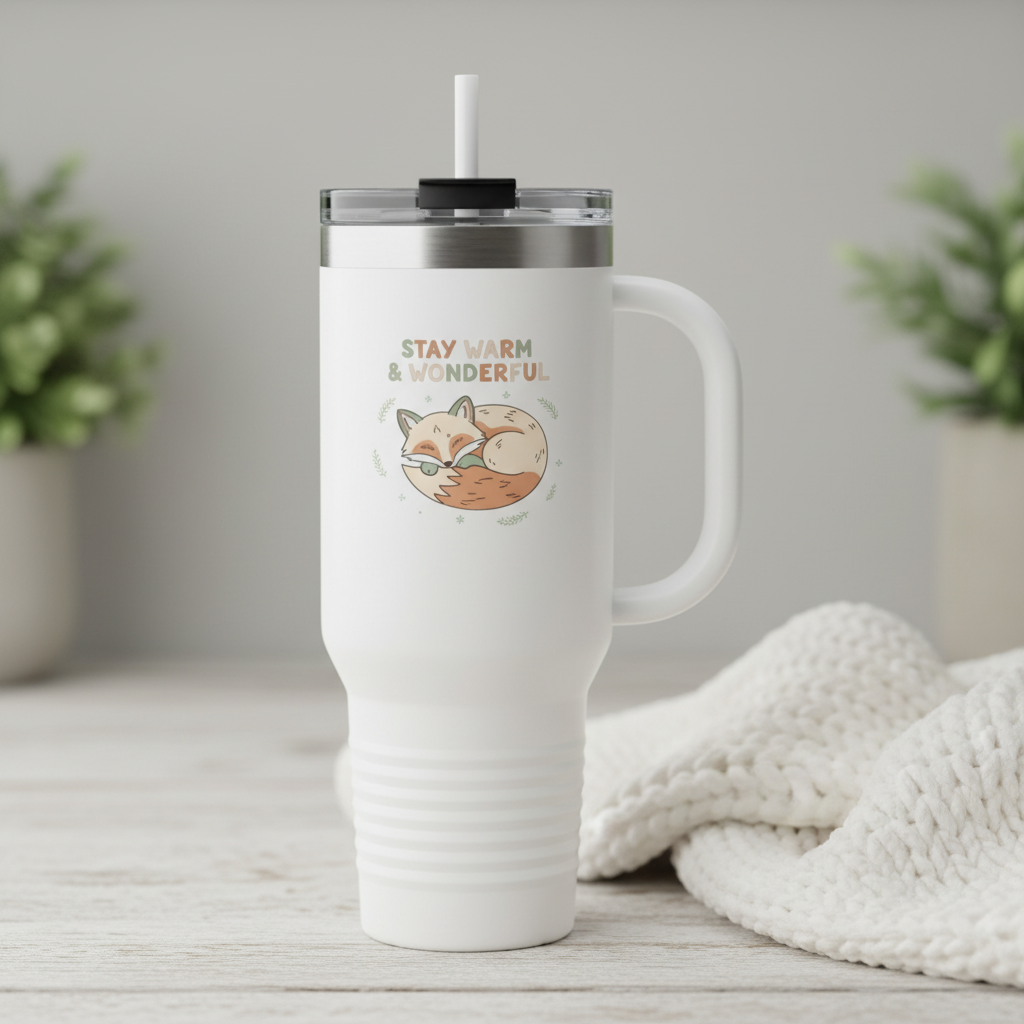 White 40oz insulated travel tumbler with Stay Warm & Wonderful arctic fox design on wooden surface with cozy blanket