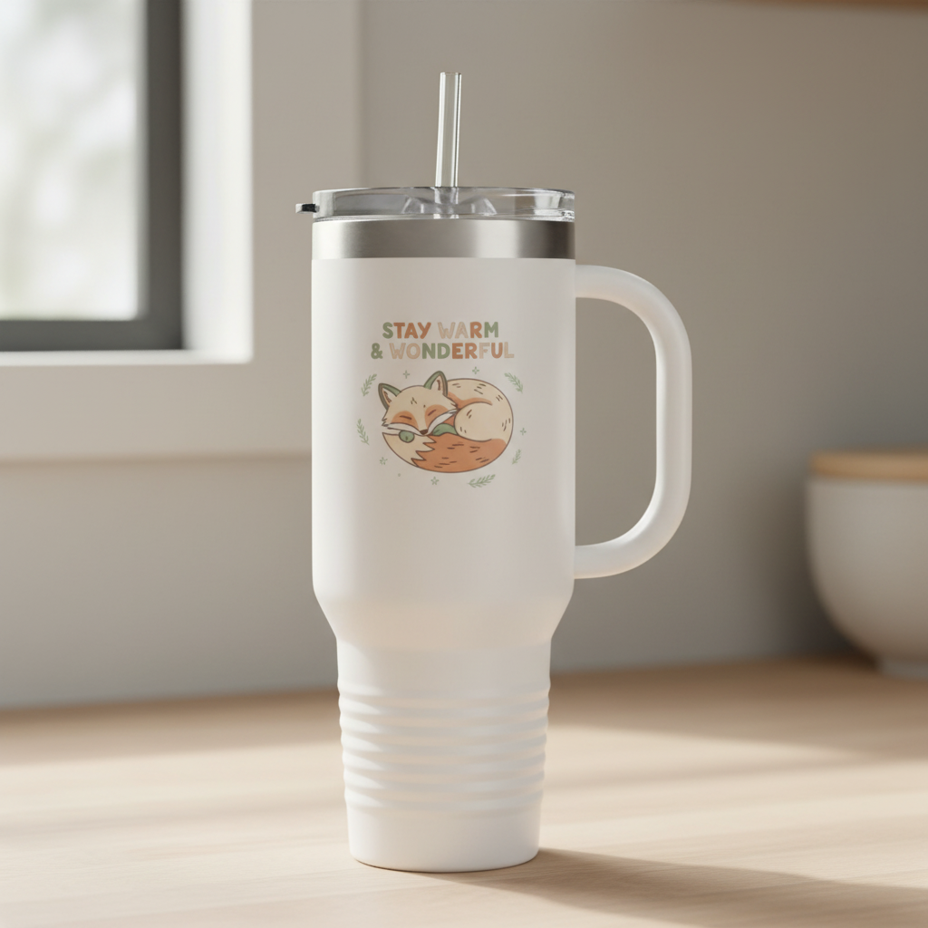 Stay Warm & Wonderful white tumbler with cute fox illustration - 40oz insulated travel mug with handle and straw
