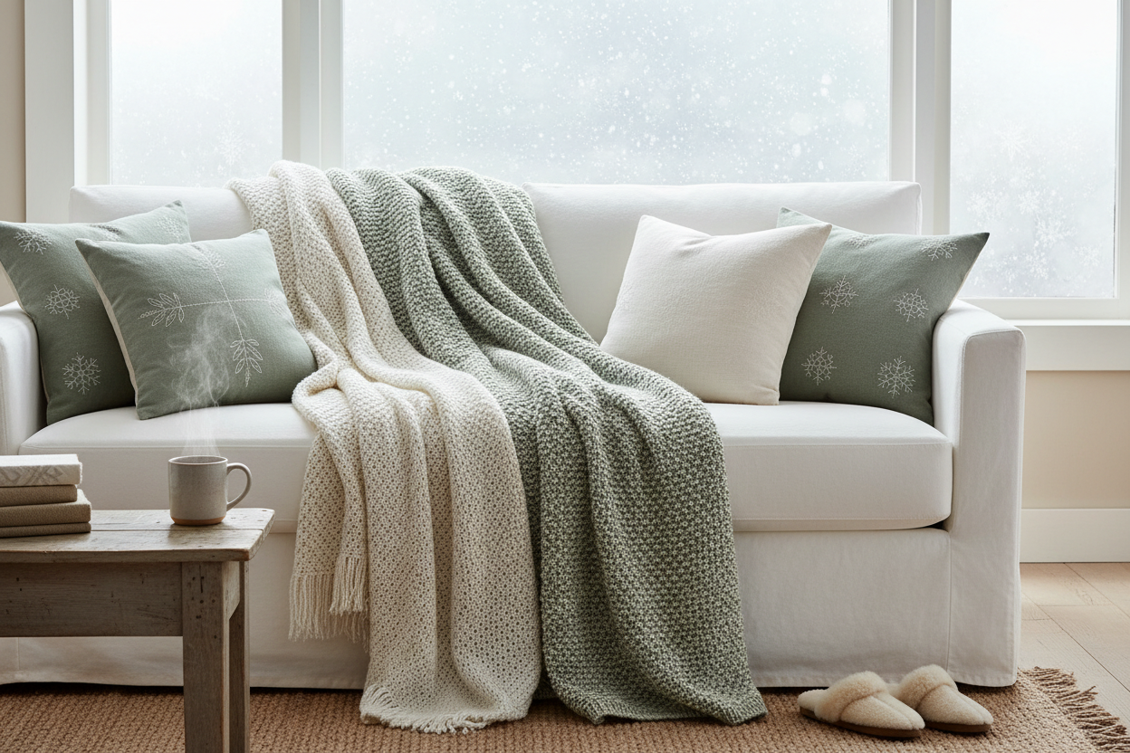 Winter comfort banner with blankets and pillows