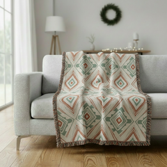 Woven Blanket Throw - Geometric Diamond Pattern Boho Decor