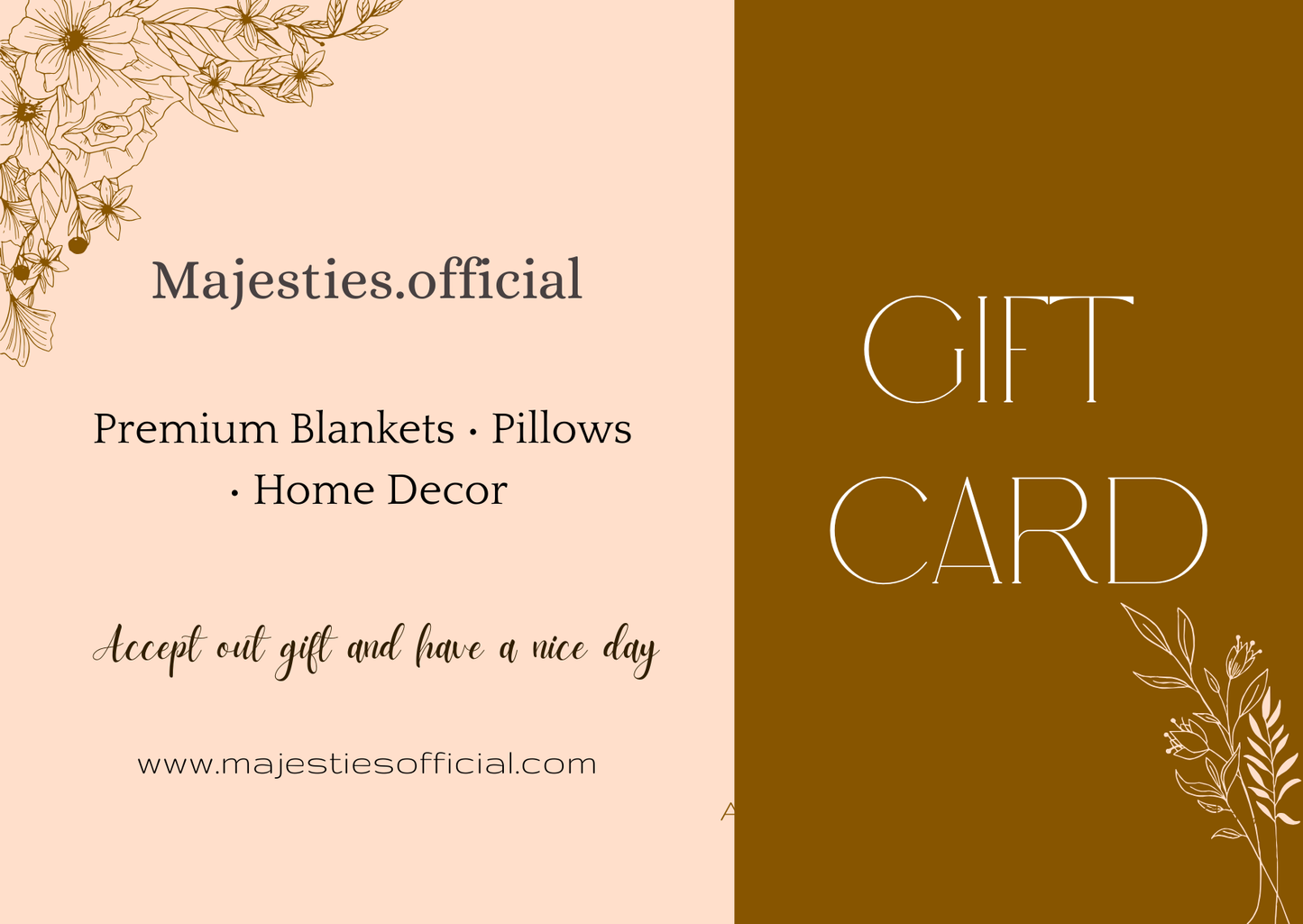 Gift card with floral designs and text for Majesties.official on a pink and brown background.
